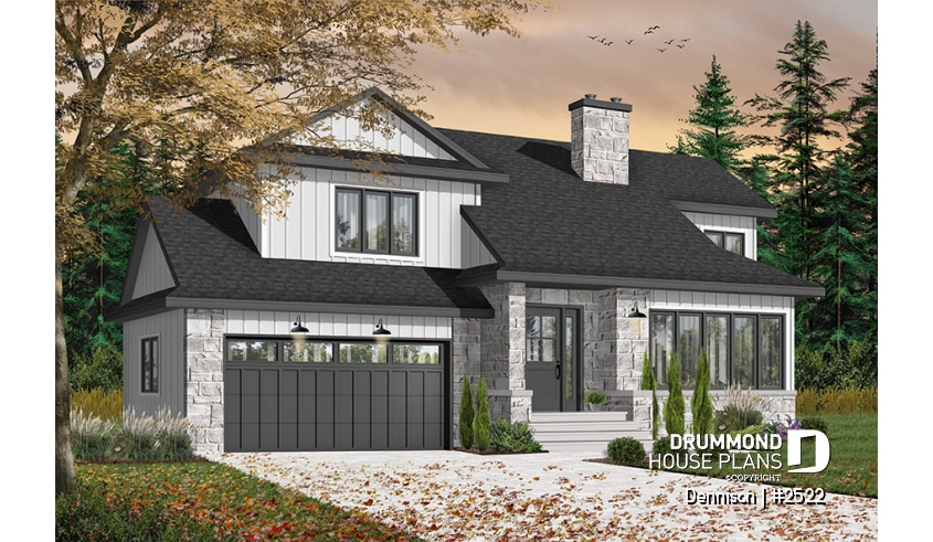 Color version 1 - Front - Modern Craftsman house plan, open space in the main living area, 3 bedrooms, master suite, fireplace - Dennison