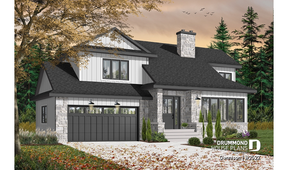 Color version 1 - Front - Modern Craftsman house plan, open space in the main living area, 3 bedrooms, master suite, fireplace - Dennison