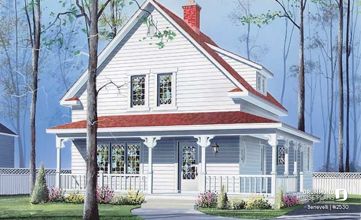 front - BASE MODEL - Small 3 bedroom country house plan with great wraparound porch, fireplace, laundry room on main - Benevelli