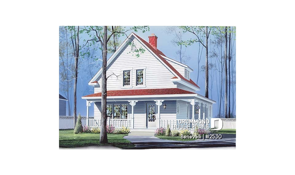 front - BASE MODEL - Small 3 bedroom country house plan with great wraparound porch, fireplace, laundry room on main - Benevelli