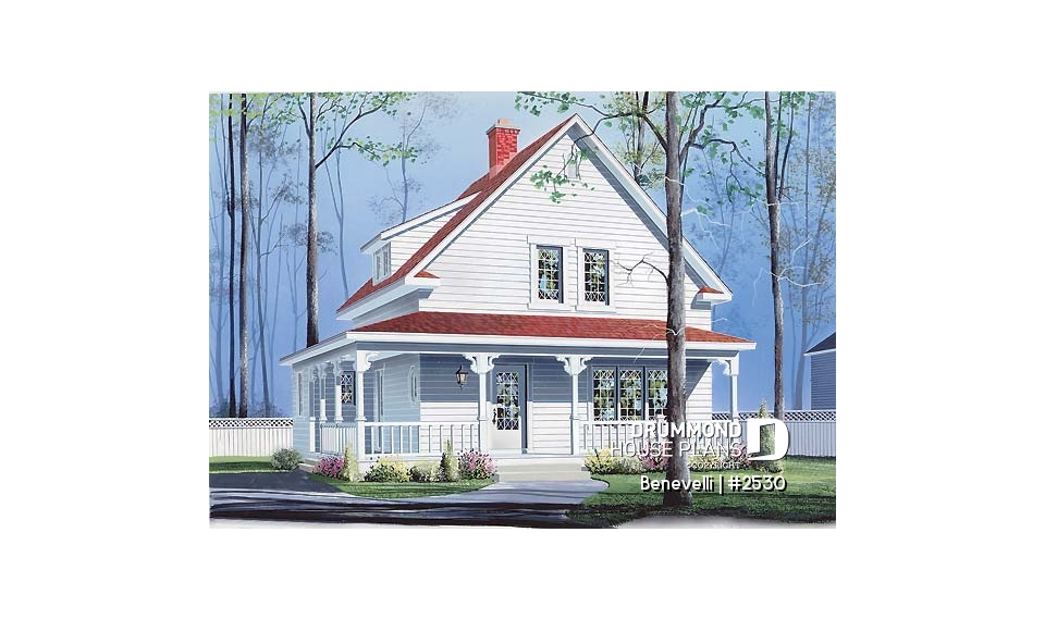 front - BASE MODEL - Small 3 bedroom country house plan with great wraparound porch, fireplace, laundry room on main - Benevelli