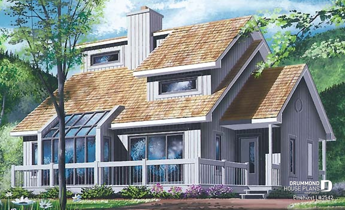 front - BASE MODEL - Panoramic view house plan, 3 bedroom, cathedral ceiling, master on main floor, fireplace - Pinehurst