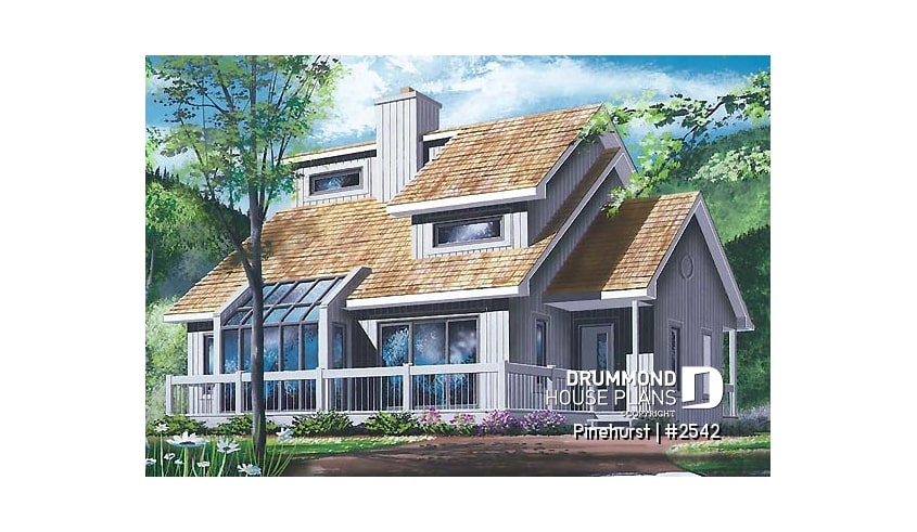 front - BASE MODEL - Panoramic view house plan, 3 bedroom, cathedral ceiling, master on main floor, fireplace - Pinehurst