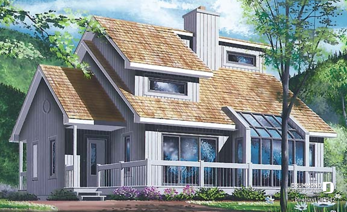 front - BASE MODEL - Panoramic view house plan, 3 bedroom, cathedral ceiling, master on main floor, fireplace - Pinehurst