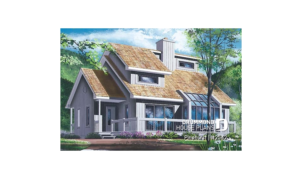 front - BASE MODEL - Panoramic view house plan, 3 bedroom, cathedral ceiling, master on main floor, fireplace - Pinehurst