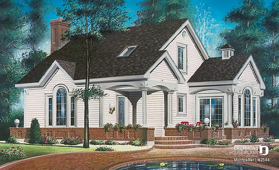 front - BASE MODEL - 3 bedroom country house plan, fireplace in the living room, recessed reading nook, lots of light everywhere - Montpellier