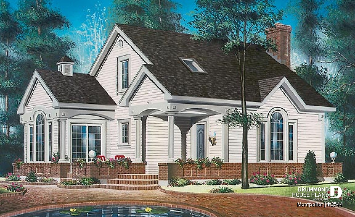 front - BASE MODEL - 3 bedroom country house plan, fireplace in the living room, recessed reading nook, lots of light everywhere - Montpellier