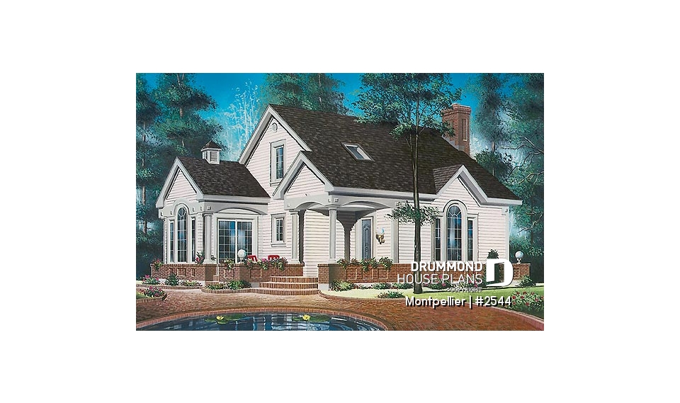 front - BASE MODEL - 3 bedroom country house plan, fireplace in the living room, recessed reading nook, lots of light everywhere - Montpellier