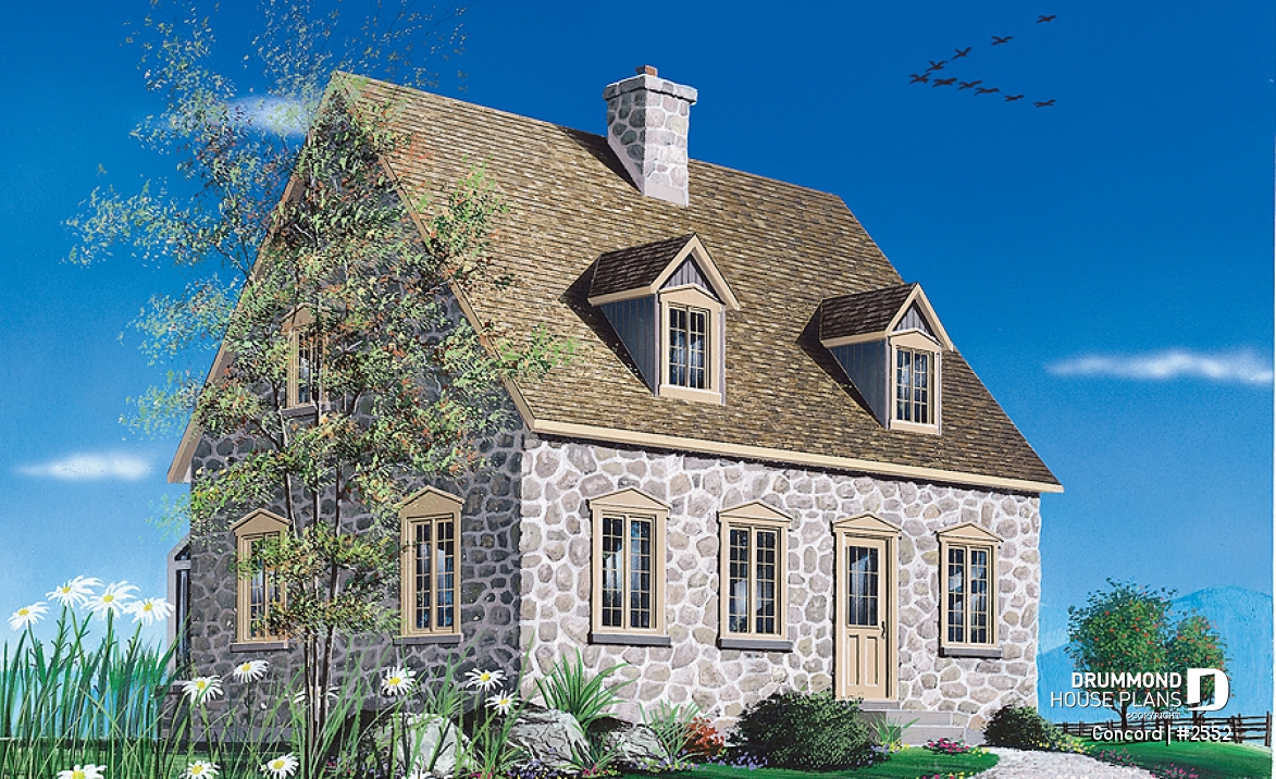 front - BASE MODEL - Rustic 2 bedroom home with an open kitchen, dining and living concept, very charming dormers &amp; large fireplace - Concord