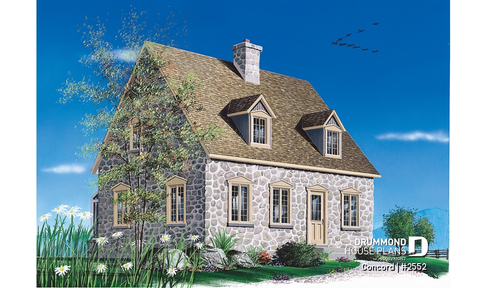 front - BASE MODEL - Rustic 2 bedroom home with an open kitchen, dining and living concept, very charming dormers &amp; large fireplace - Concord