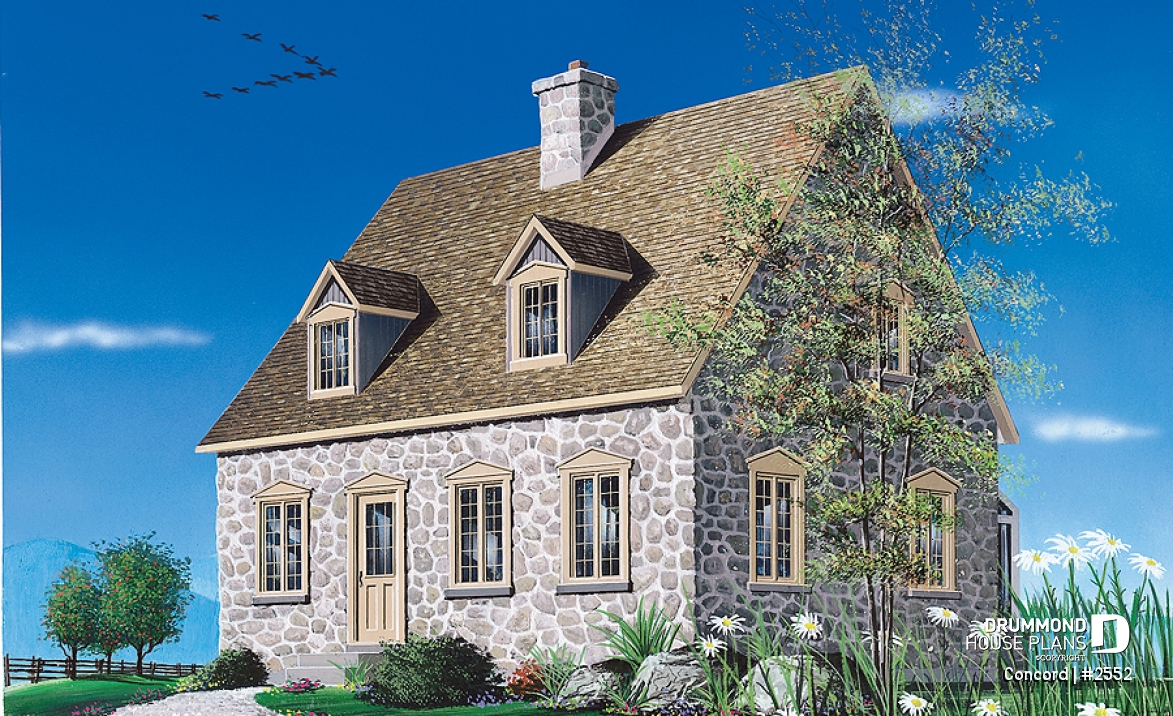 front - BASE MODEL - Rustic 2 bedroom home with an open kitchen, dining and living concept, very charming dormers &amp; large fireplace - Concord