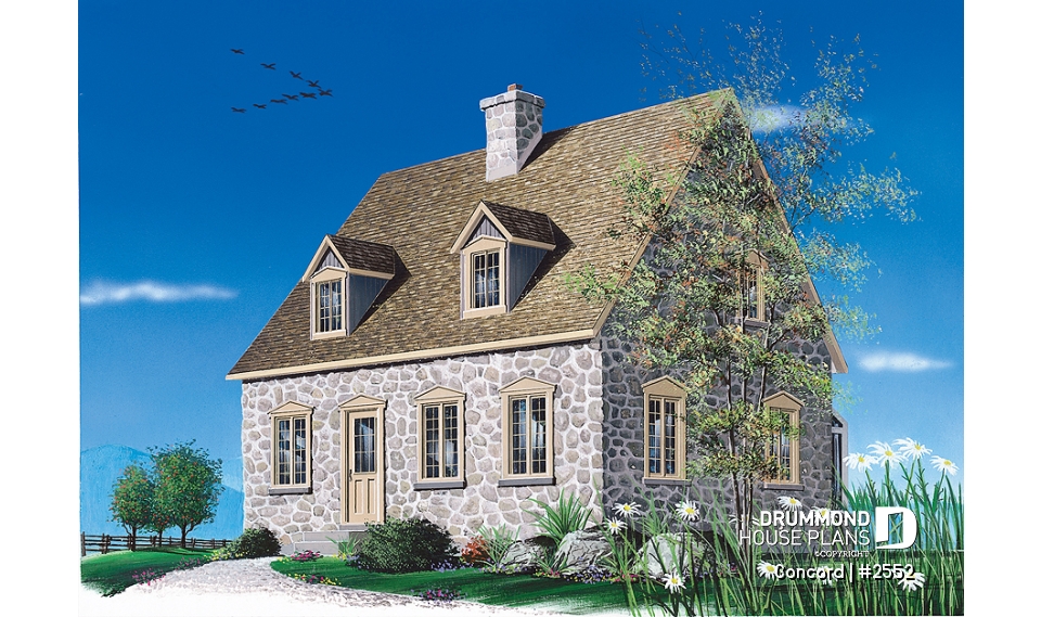 front - BASE MODEL - Rustic 2 bedroom home with an open kitchen, dining and living concept, very charming dormers &amp; large fireplace - Concord