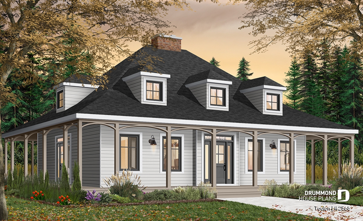 front - BASE MODEL - 3 bedroom farmhouse with master on main, huge wraparound covered porch, open area and fireplace - Toulon