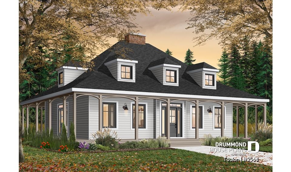 front - BASE MODEL - 3 bedroom farmhouse with master on main, huge wraparound covered porch, open area and fireplace - Toulon