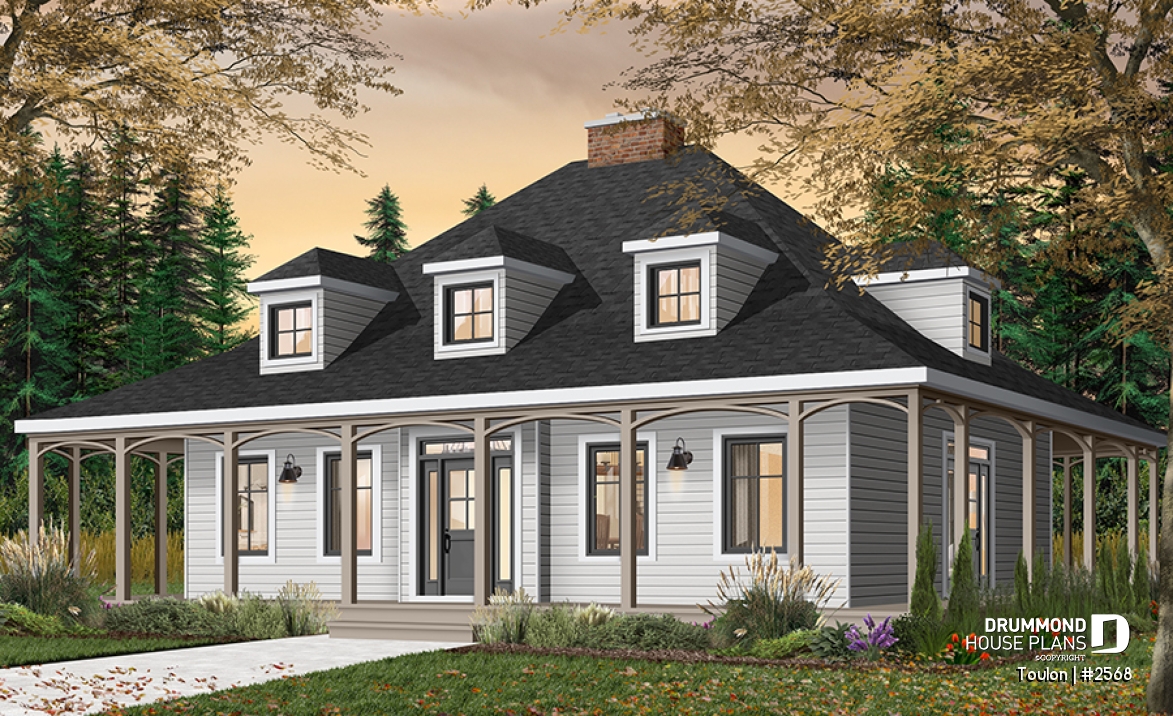 front - BASE MODEL - 3 bedroom farmhouse with master on main, huge wraparound covered porch, open area and fireplace - Toulon