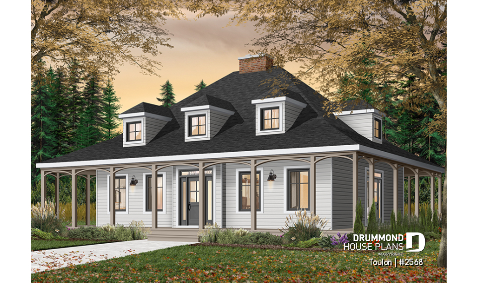 front - BASE MODEL - 3 bedroom farmhouse with master on main, huge wraparound covered porch, open area and fireplace - Toulon