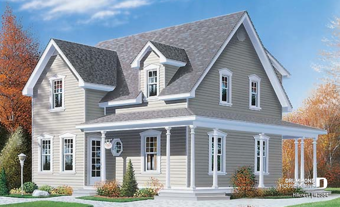 front - BASE MODEL - Farmhouse home plan, 3 beds, 2.5 baths, wraparound porch and low cost to build - Hillcrest