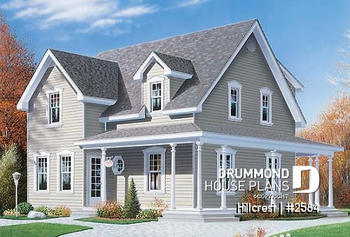 front - BASE MODEL - Farmhouse home plan, 3 beds, 2.5 baths, wraparound porch and low cost to build - Hillcrest