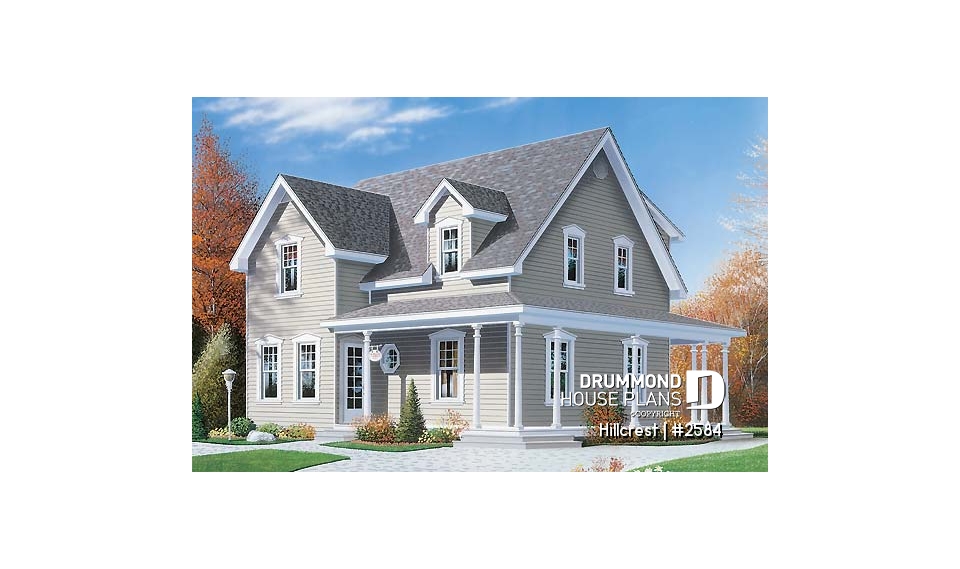 front - BASE MODEL - Farmhouse home plan, 3 beds, 2.5 baths, wraparound porch and low cost to build - Hillcrest