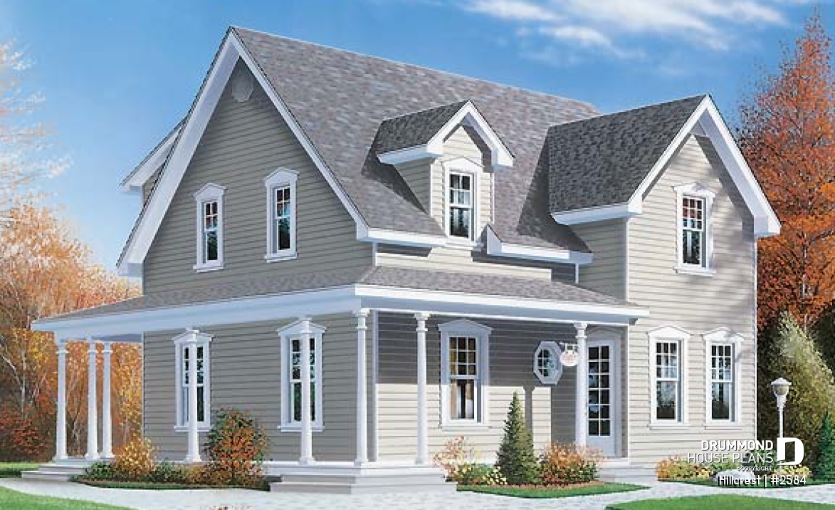 front - BASE MODEL - Farmhouse home plan, 3 beds, 2.5 baths, wraparound porch and low cost to build - Hillcrest