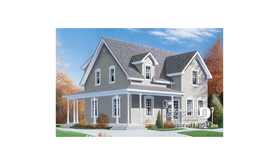 front - BASE MODEL - Farmhouse home plan, 3 beds, 2.5 baths, wraparound porch and low cost to build - Hillcrest