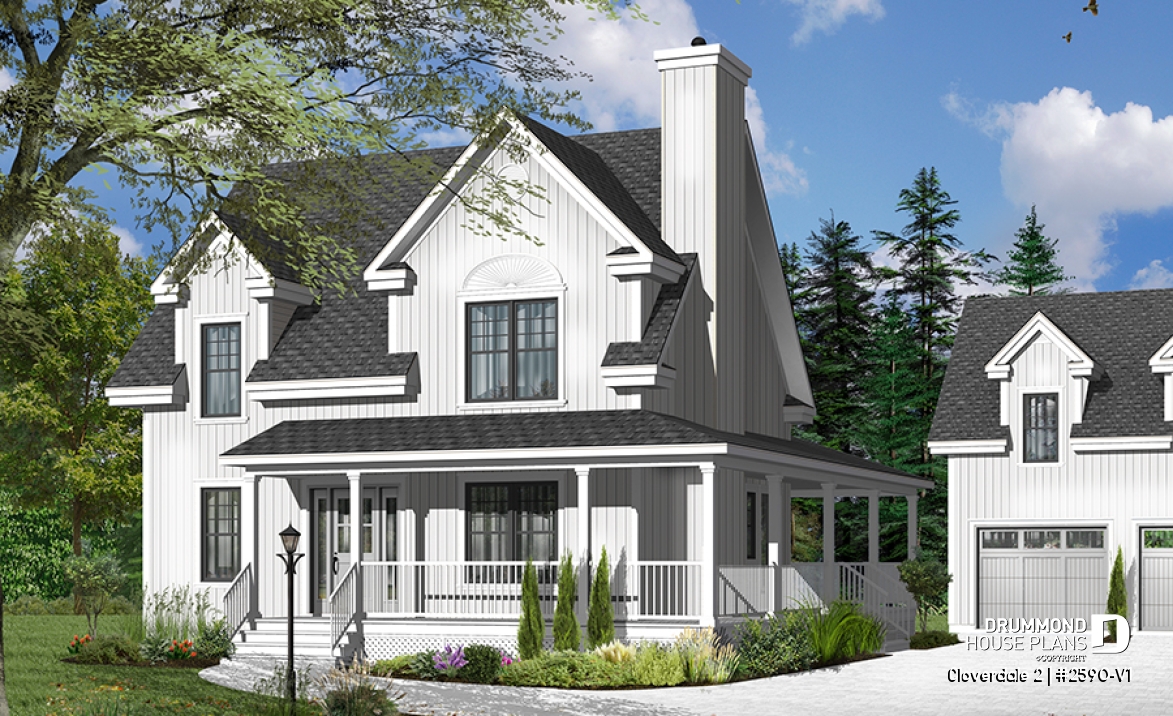 front - BASE MODEL - Country style farmhouse home plan, master suite, home office, fireplace, laundry on main floor - Cloverdale 2