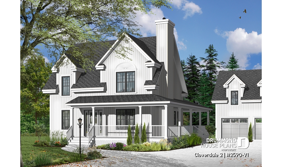 front - BASE MODEL - Country style farmhouse home plan, master suite, home office, fireplace, laundry on main floor - Cloverdale 2