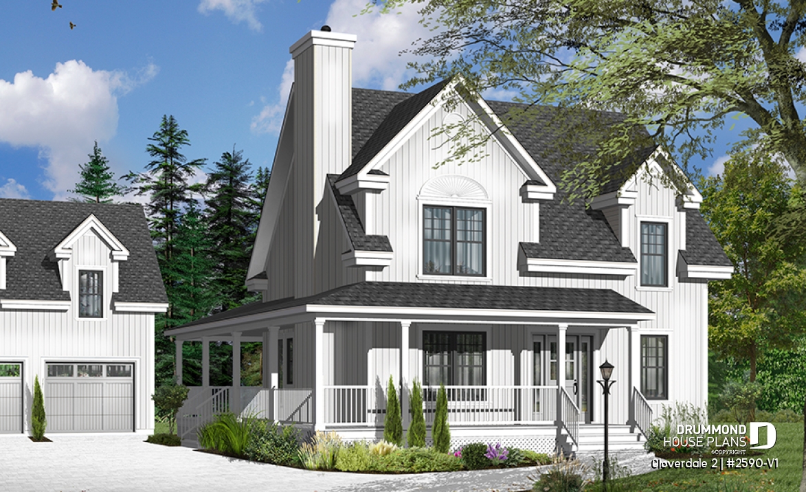 front - BASE MODEL - Country style farmhouse home plan, master suite, home office, fireplace, laundry on main floor - Cloverdale 2