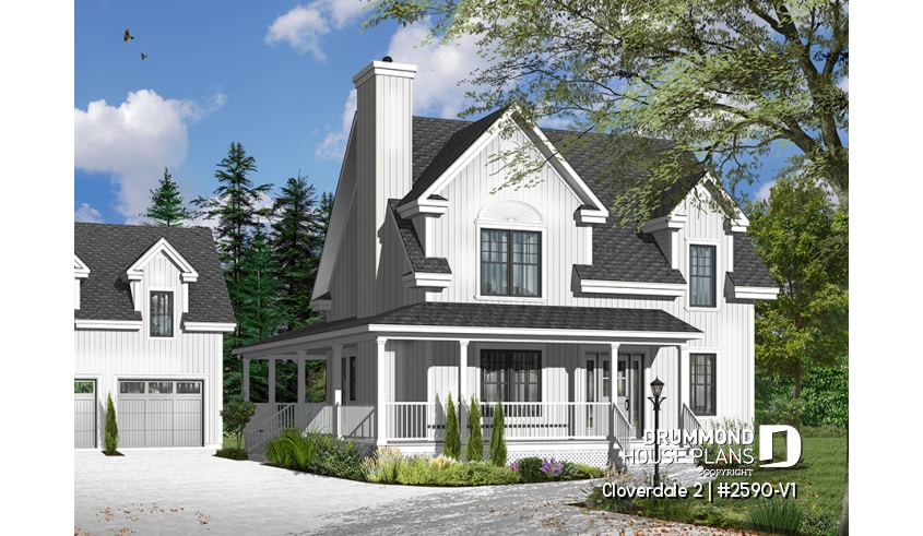 front - BASE MODEL - Country style farmhouse home plan, master suite, home office, fireplace, laundry on main floor - Cloverdale 2