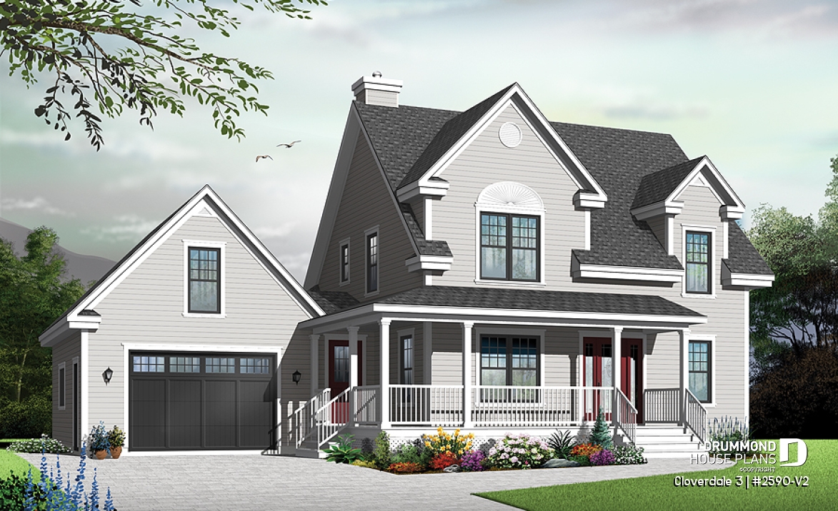 front - BASE MODEL - Country style home with covered porch, 3 bedrooms, home office, 3 bathrooms, garage with bonus space above - Cloverdale 3