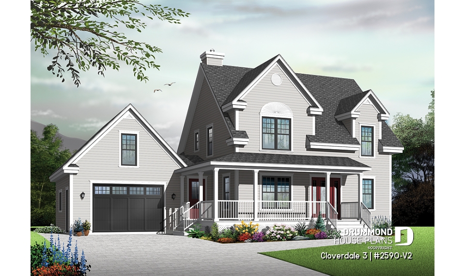 front - BASE MODEL - Country style home with covered porch, 3 bedrooms, home office, 3 bathrooms, garage with bonus space above - Cloverdale 3