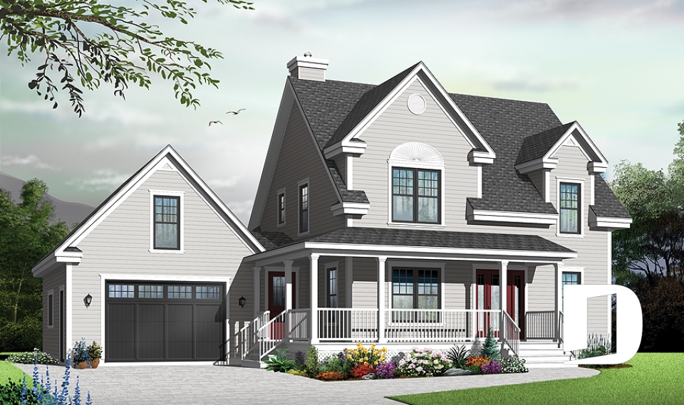 front - BASE MODEL - Country style home with covered porch, 3 bedrooms, home office, 3 bathrooms, garage with bonus space above - Cloverdale 3