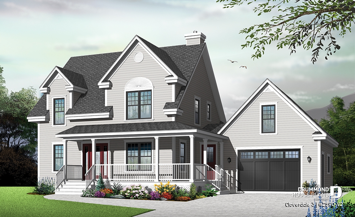 front - BASE MODEL - Country style home with covered porch, 3 bedrooms, home office, 3 bathrooms, garage with bonus space above - Cloverdale 3
