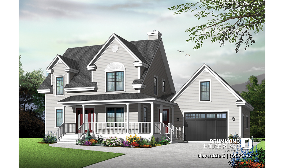 front - BASE MODEL - Country style home with covered porch, 3 bedrooms, home office, 3 bathrooms, garage with bonus space above - Cloverdale 3