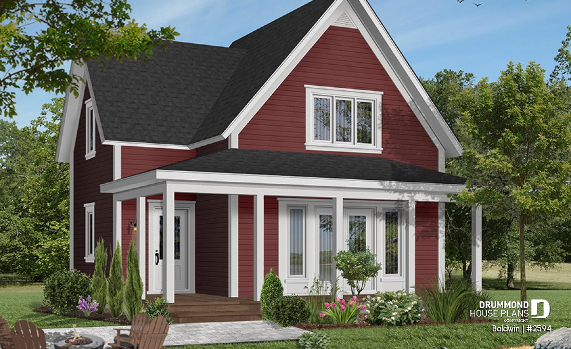 Color version 7 - Front - Small country cabin house plan, 2 bedrooms, laundry facilities on main, french doors, covered porch - Baldwin