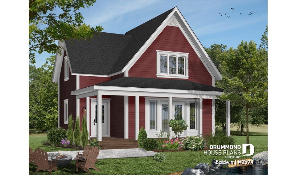 Color version 7 - Front - Small country cabin house plan, 2 bedrooms, laundry facilities on main, french doors, covered porch - Baldwin