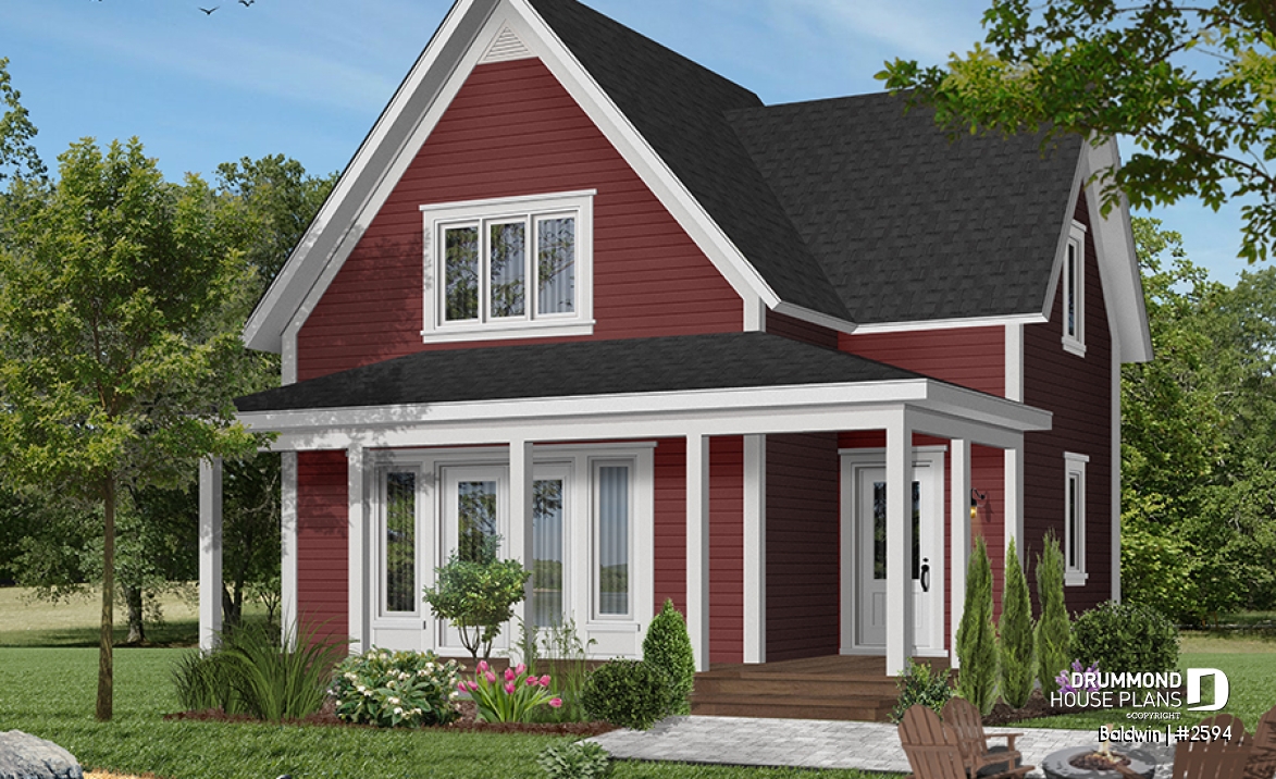 Color version 7 - Front - Small country cabin house plan, 2 bedrooms, laundry facilities on main, french doors, covered porch - Baldwin