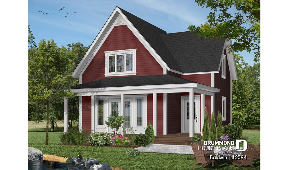 Color version 7 - Front - Small country cabin house plan, 2 bedrooms, laundry facilities on main, french doors, covered porch - Baldwin