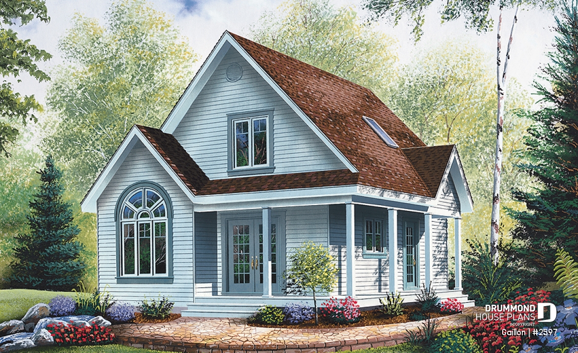 front - BASE MODEL - Affordable and charming small 2-storey home plan with up to 3 bedrooms, mezzanine, wraparound porch - Gaillon