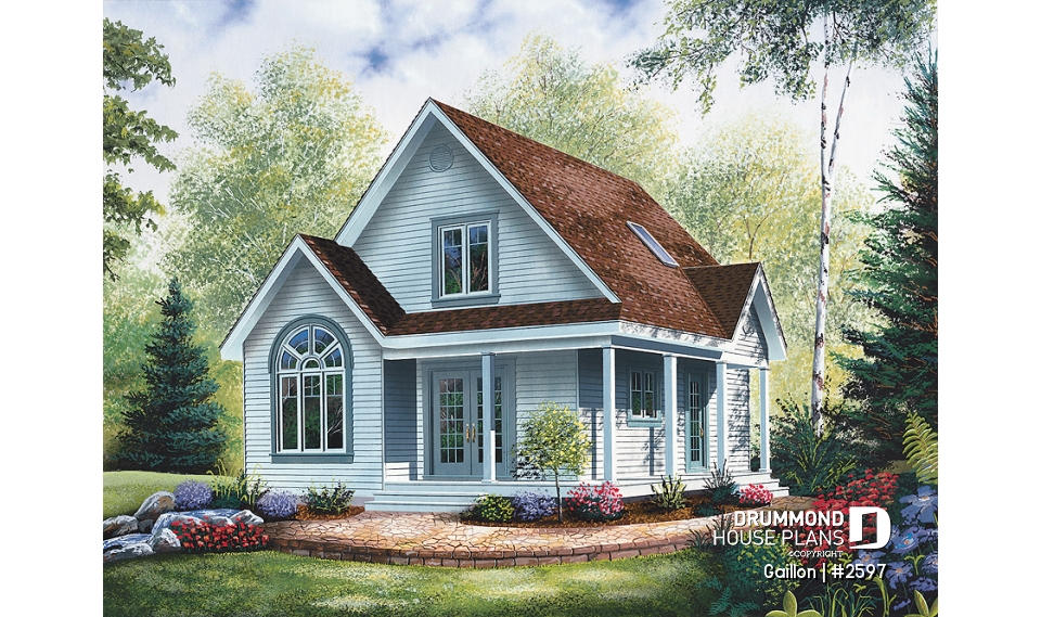 front - BASE MODEL - Affordable and charming small 2-storey home plan with up to 3 bedrooms, mezzanine, wraparound porch - Gaillon