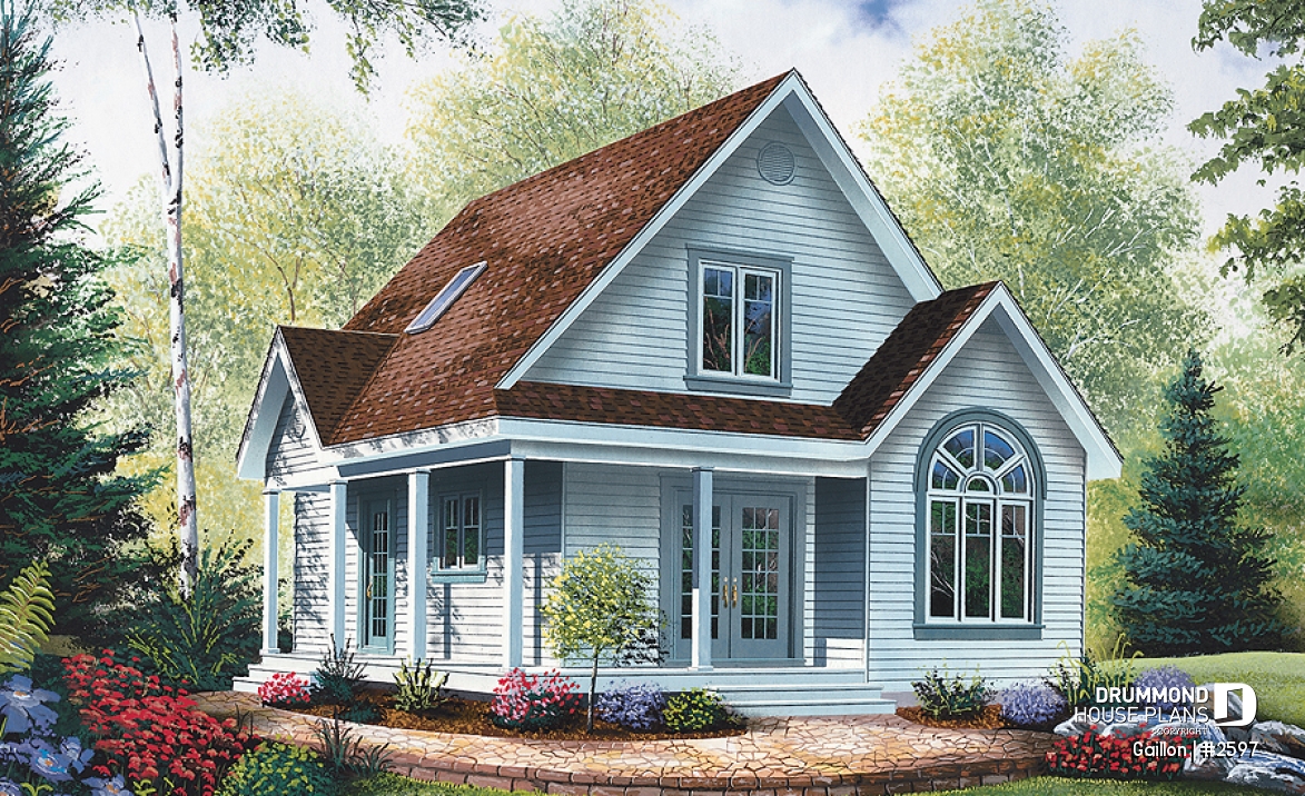 front - BASE MODEL - Affordable and charming small 2-storey home plan with up to 3 bedrooms, mezzanine, wraparound porch - Gaillon