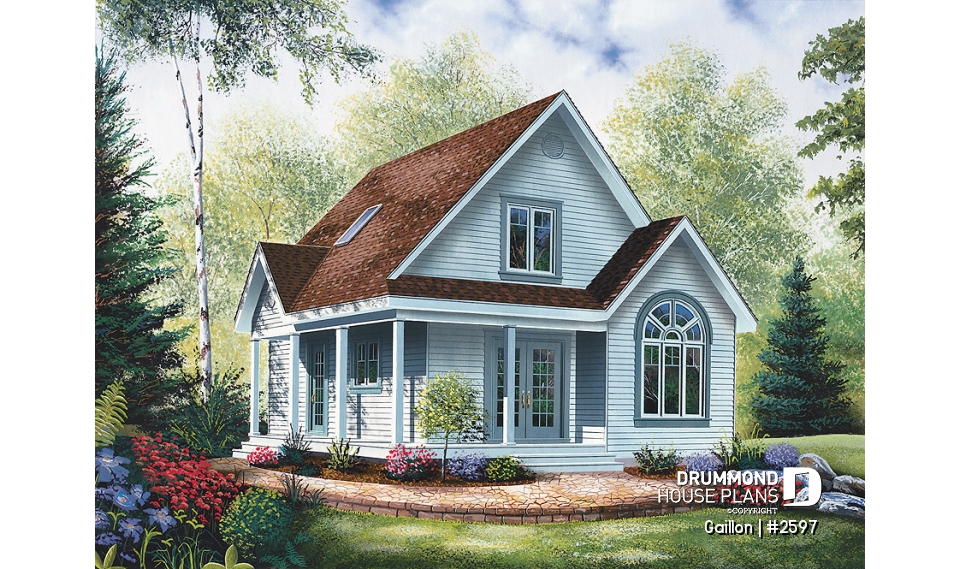 front - BASE MODEL - Affordable and charming small 2-storey home plan with up to 3 bedrooms, mezzanine, wraparound porch - Gaillon