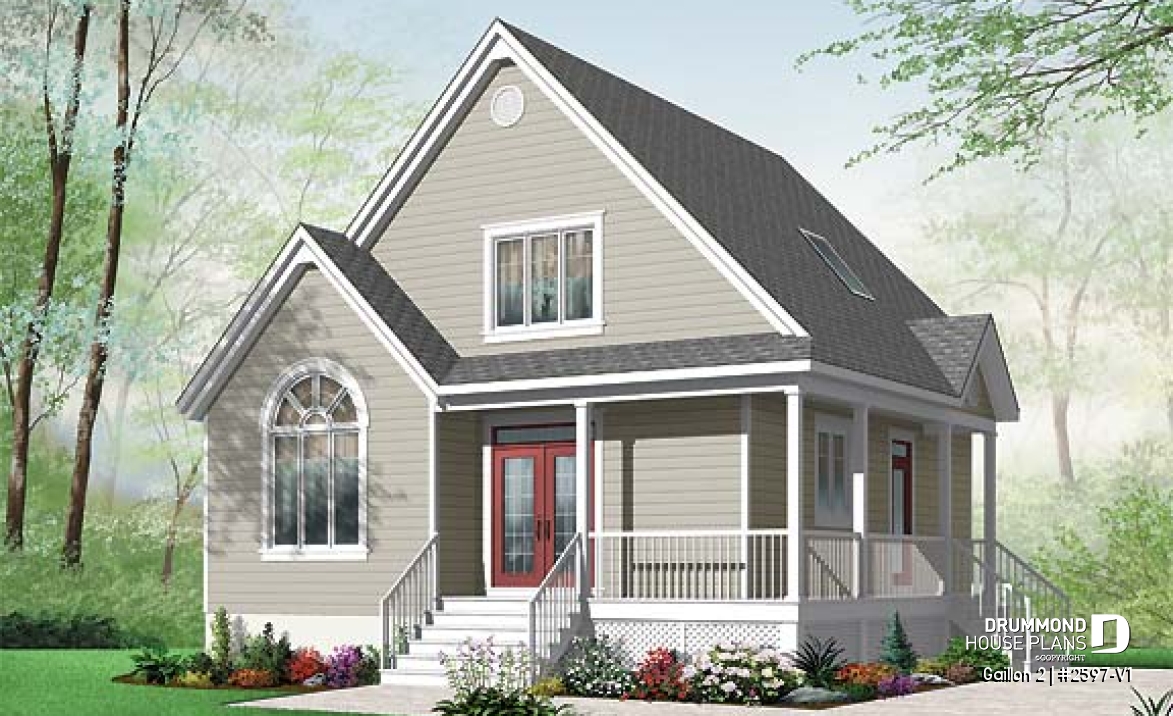 front - BASE MODEL - Cape Cod style 2 to 3 bedroom cottage plan with 2 living rooms, 9 ft. ceiling on main floor, mezzanine - Gaillon 2