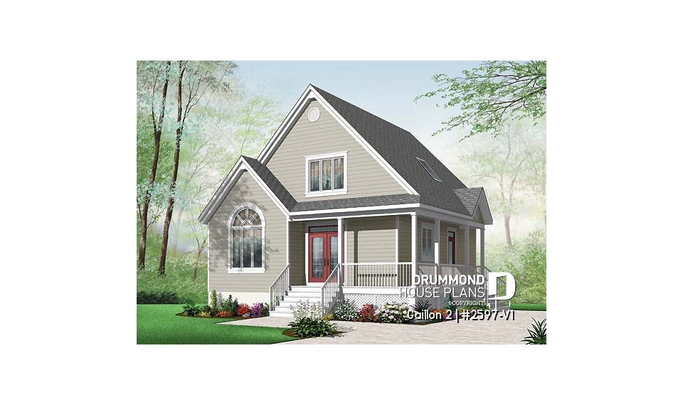 front - BASE MODEL - Cape Cod style 2 to 3 bedroom cottage plan with 2 living rooms, 9 ft. ceiling on main floor, mezzanine - Gaillon 2
