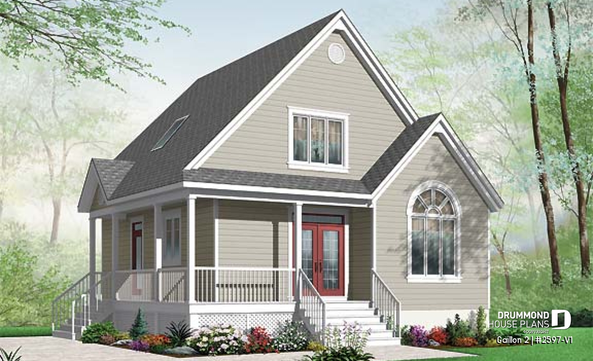 front - BASE MODEL - Cape Cod style 2 to 3 bedroom cottage plan with 2 living rooms, 9 ft. ceiling on main floor, mezzanine - Gaillon 2