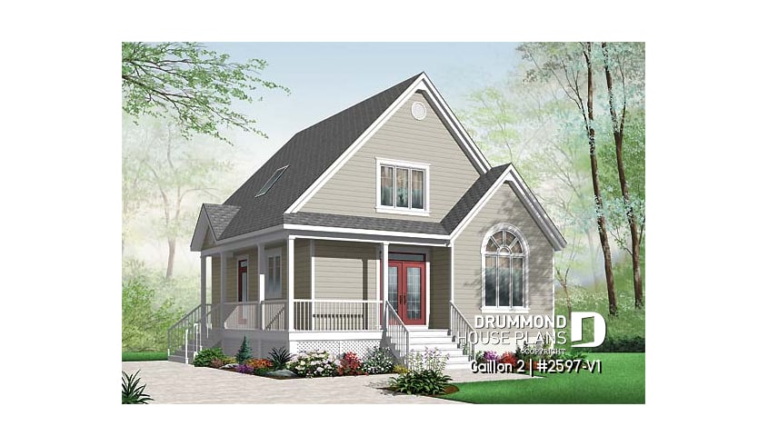 front - BASE MODEL - Cape Cod style 2 to 3 bedroom cottage plan with 2 living rooms, 9 ft. ceiling on main floor, mezzanine - Gaillon 2