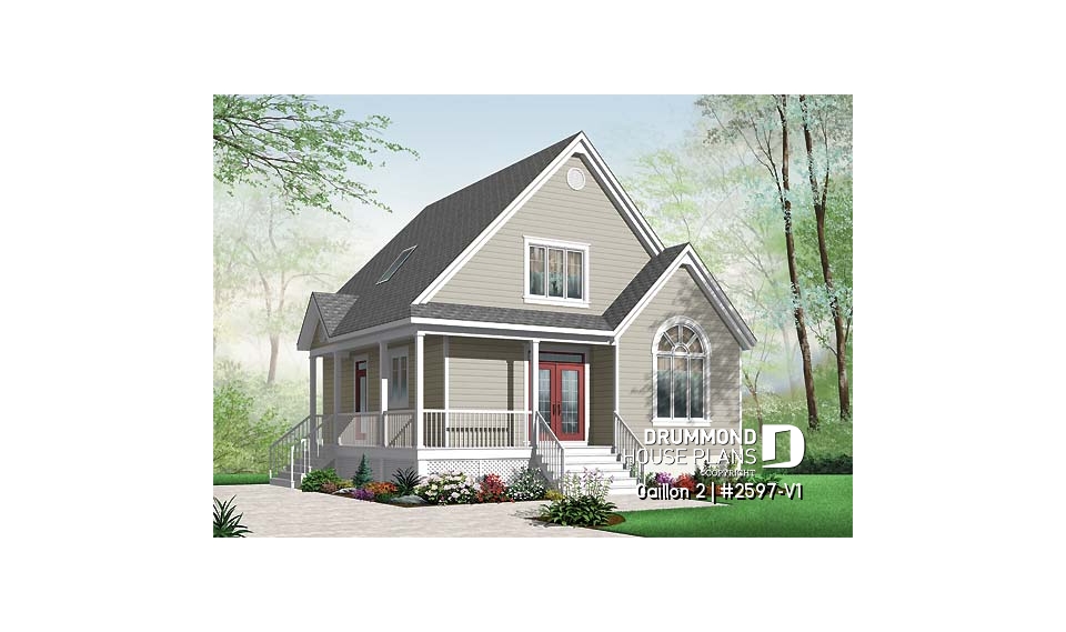 front - BASE MODEL - Cape Cod style 2 to 3 bedroom cottage plan with 2 living rooms, 9 ft. ceiling on main floor, mezzanine - Gaillon 2