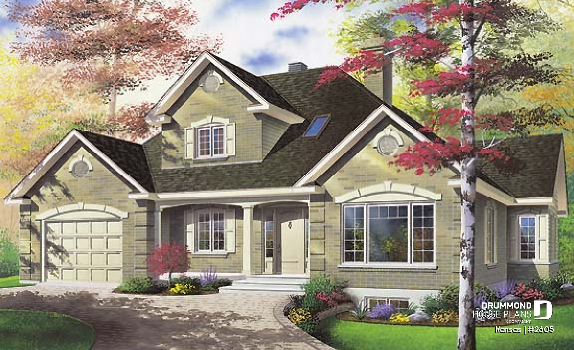 front - BASE MODEL - Bungalow Ranch with home office, 3 bedrooms, master bedroom and laundry room on main floor - Kansas