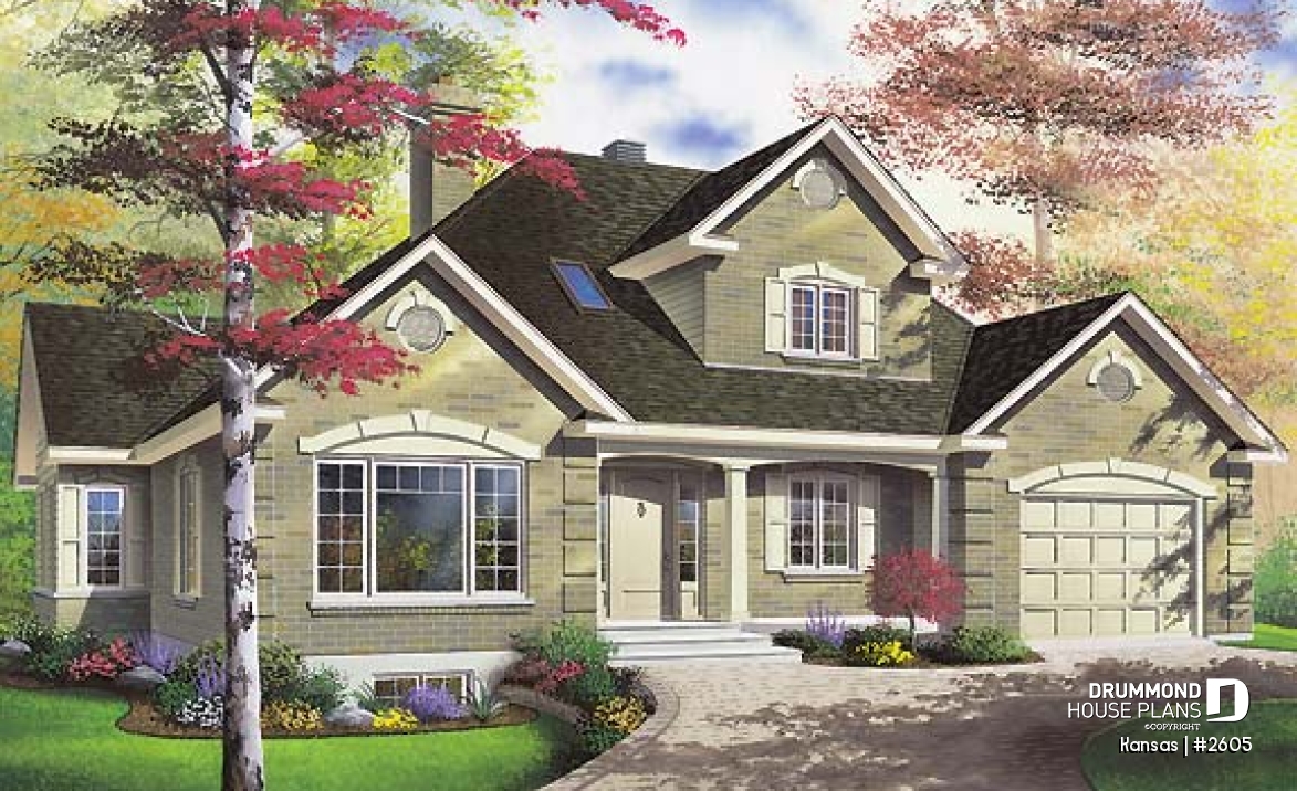 front - BASE MODEL - Bungalow Ranch with home office, 3 bedrooms, master bedroom and laundry room on main floor - Kansas
