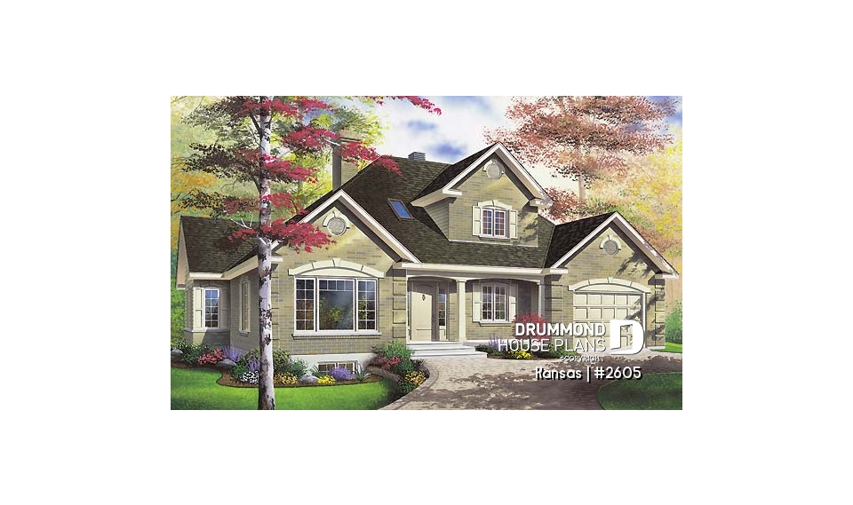 front - BASE MODEL - Bungalow Ranch with home office, 3 bedrooms, master bedroom and laundry room on main floor - Kansas